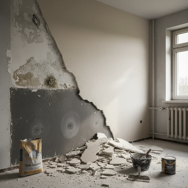 Ściana z wielkiej płyty w mieszkaniu w bloku, przygotowana pod tynk gipsowy z odpowiednim gruntem sczepnym, aby tynk gipsowy nie odpadał od ściany