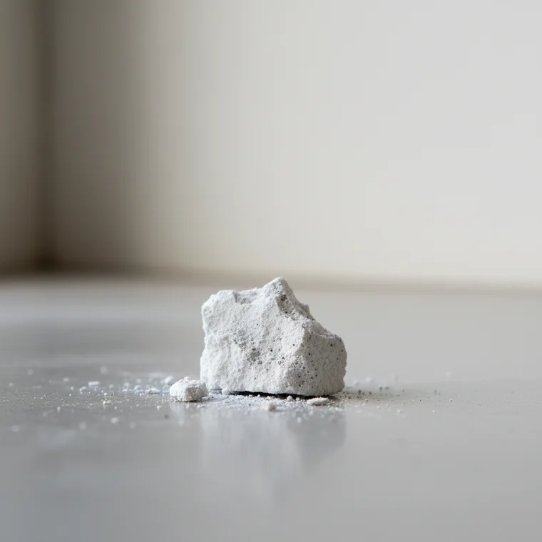 Zbliżenie na odpadający tynk gipsowy od ściany w bloku, pokazujące brak przyczepności do podłoża i typowe błędy wykonawcze, dlaczego tynk gipsowy odpada od ściany