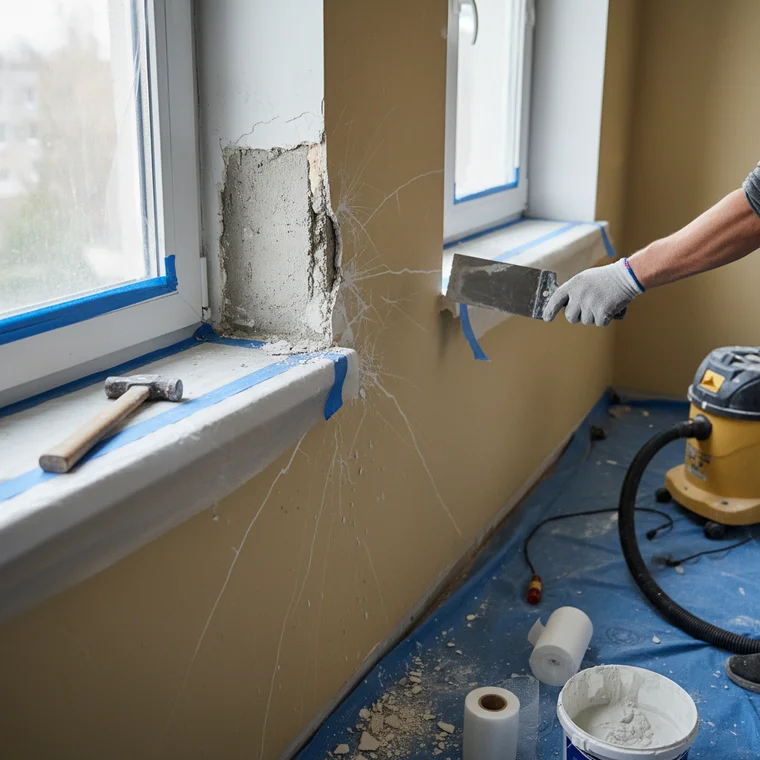 Naprawa pękającego tynku gipsowego przy oknie: nałożona siatka zbrojąca z włókna szklanego i wyrównywanie masą szpachlową