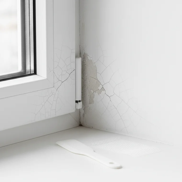 Zbliżenie na pękający tynk gipsowy przy oknie w bloku z wielkiej płyty, przygotowanie do naprawy i wzmocnienia ściany siatką