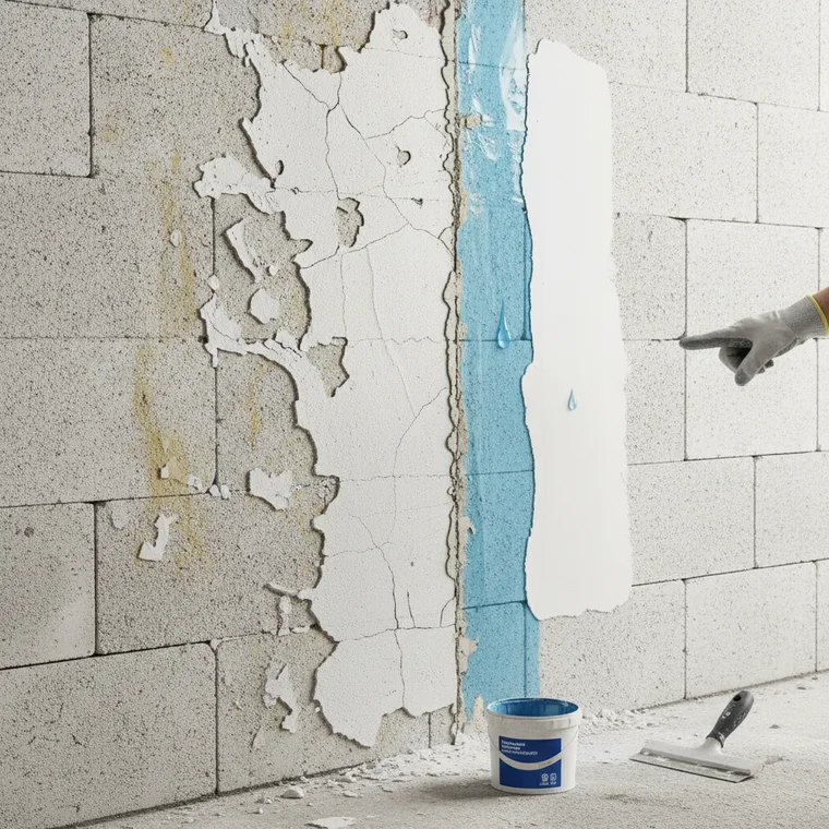 Nakładanie tynku gipsowego na zagruntowaną ścianę z betonu komórkowego podczas remontu bez wpadek