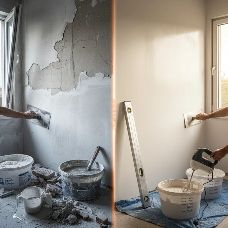 Ręczne zacieranie tynku gipsowego pacą na odpowiednią grubość, pokazujące prawidłową technikę i unikanie pęknięć oraz nierówności na ścianie