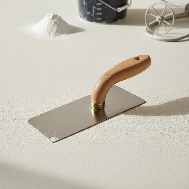 Początkujący wykonawca nakłada ręcznie tynk gipsowy na ścianę, ucząc się unikania najczęstszych błędów i dążąc do idealnie gładkiej powierzchni