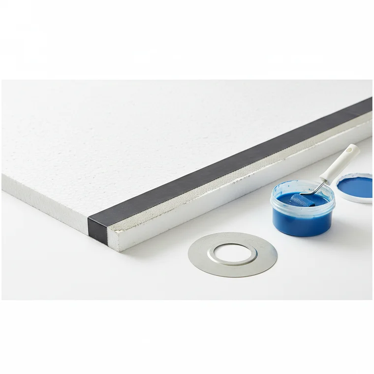 Prysznic bez brodzika z odpływem liniowym, ściana bezpiecznie wykończona bez tynku gipsowego, poprawne przygotowanie podłoża w strefie mokrej łazienki