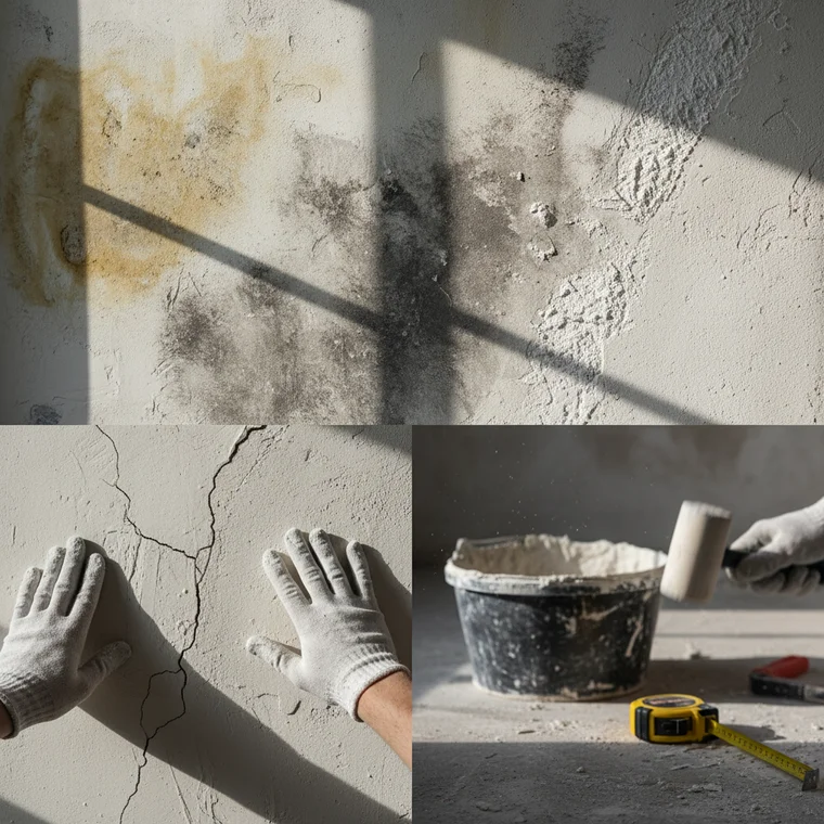 Ręka wykonująca test twardości tynku gipsowego na ścianie, pokazująca jak rozpoznać zły tynk gipsowy po kolorze i twardości po wyschnięciu