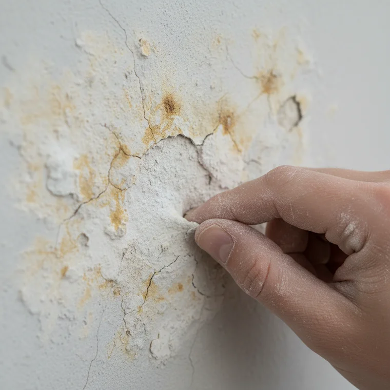 Ściana pokryta tynkiem gipsowym, różnice w kolorze i strukturze pokazujące jak rozpoznać zły tynk gipsowy po kolorze i twardości po wyschnięciu