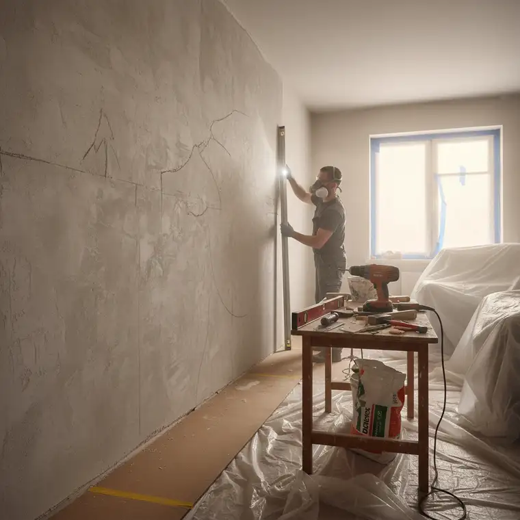 Zbliżenie na ścianę z nierównym tynkiem gipsowym, zaznaczone górki i doliny oraz narzędzia do wyrównywania bez kucia całej powierzchni