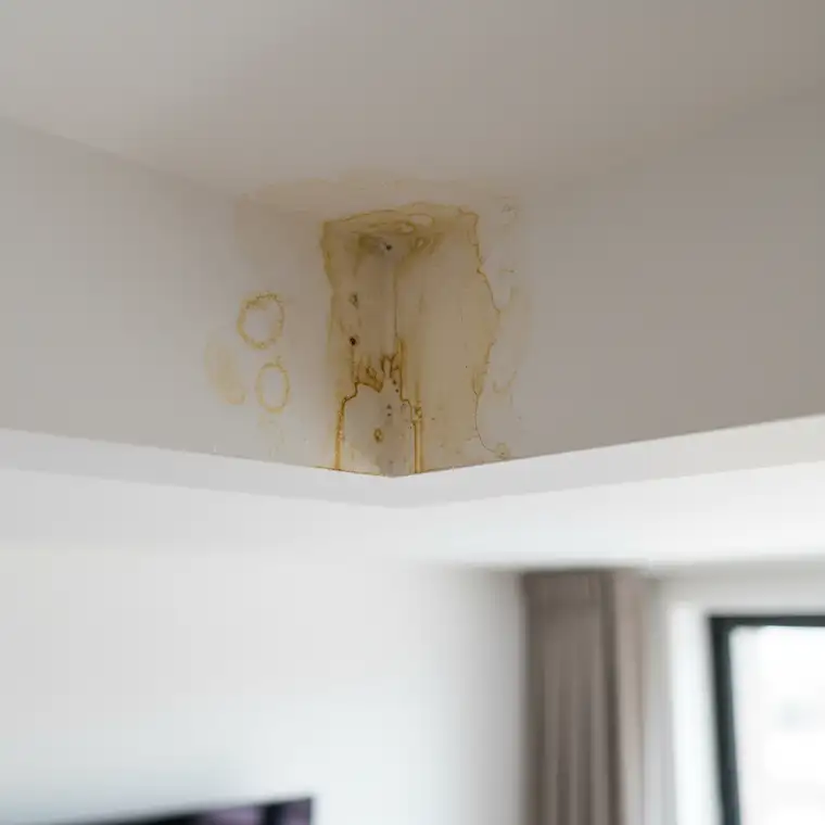Sufit z żółtymi zaciekami na tynku gipsowym w okolicy ściany, widoczny efekt przecieków i złego zabezpieczenia przed wilgocią