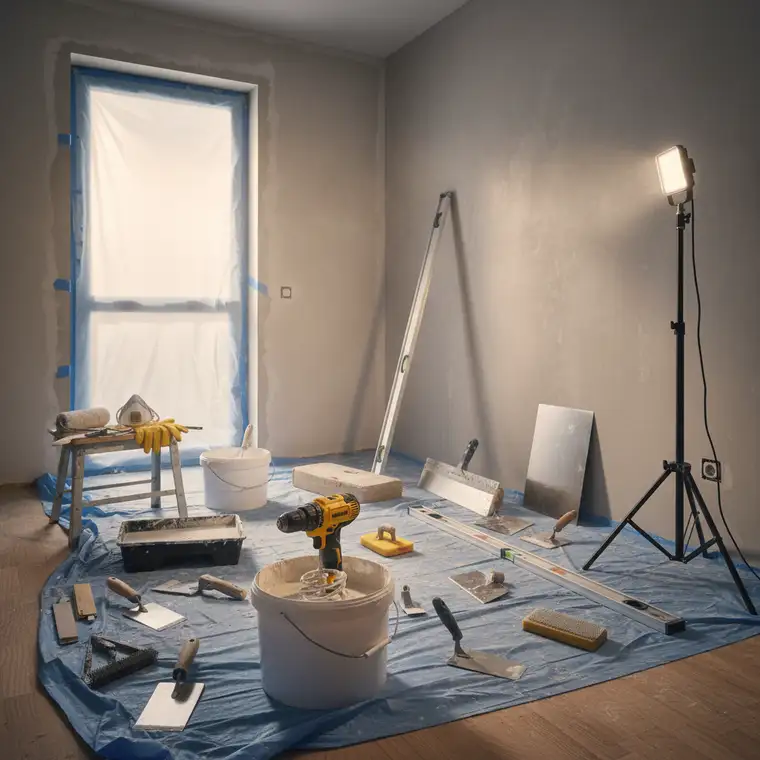 Ręczne nakładanie tynku gipsem pacą i łatą tynkarską na ścianie w małym pokoju 12 m² podczas remontu