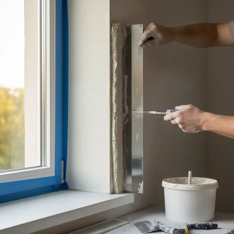 Widok naroża okiennego w salonie po nałożeniu tynku gipsowego, równomierna powierzchnia ściany bez fal z dobrze zlicowanym kątownikiem narożnym