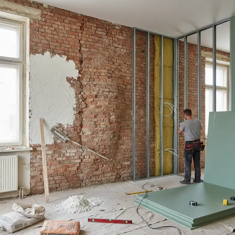 Montaż płyt g-k na stelażu przy bardzo krzywej ścianie, pokazany sposób wyrównania ściany bez grubego tynku gipsowego