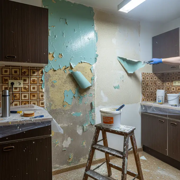 Przygotowana ściana w starej kuchni – odtłuszczona i zagruntowana, gotowa pod tynk gipsowy na farbie olejnej