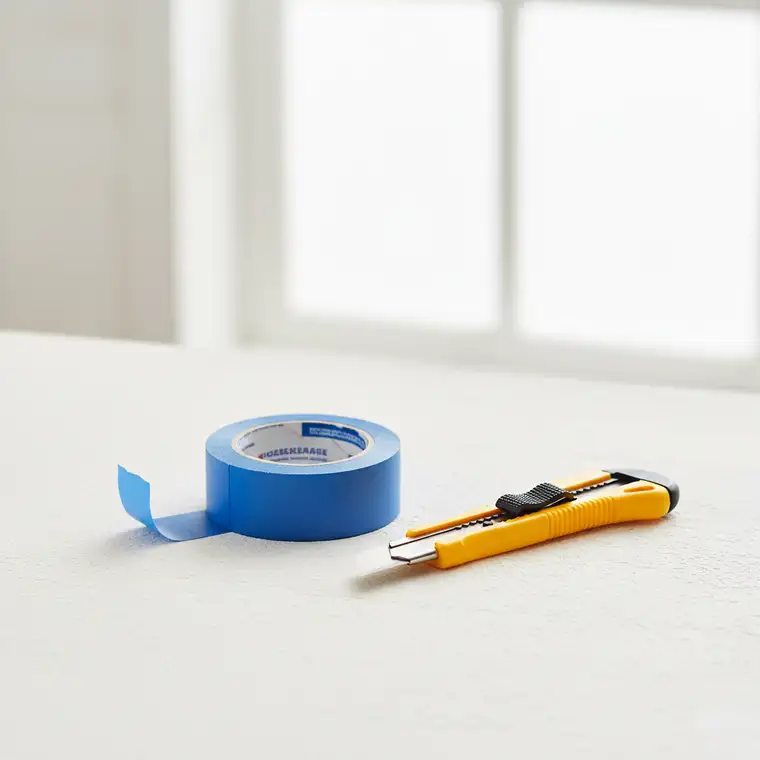 Zbliżenie na ścianę z tynkiem gipsowym uszkodzonym podczas odklejania taśmy malarskiej, pokazujące oderwaną farbę i odsłonięte podłoże