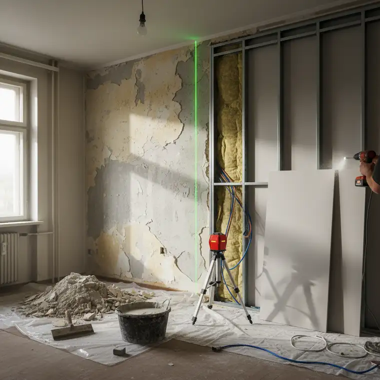 Montaż płyt gipsowo-kartonowych na ruszcie w mieszkaniu z wielkiej płyty, wyrównywanie bardzo krzywych ścian i ukrywanie instalacji