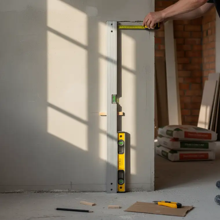 Pomiar szczeliny między łatą murarską a ścianą miarką, jak dokładnie sprawdzić ile ściana odchodzi od pionu na 2 m z użyciem poziomicy