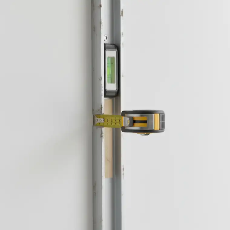 Łata murarska i poziomica przykładane do ściany podczas pomiaru, jak sprawdzić ile ściana odchodzi od pionu na 2 m domowymi narzędziami