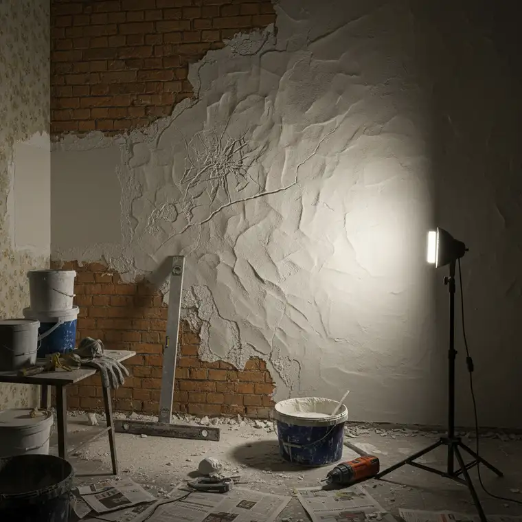 Remontujący dom wykonuje kontrolę płaszczyzny przy wyrównywaniu ścian gipsem samopoziomującym, używając długiej łaty i bocznego oświetlenia