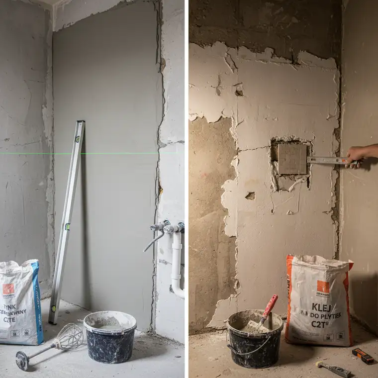 Płytki w łazience na idealnie wyrównanej ścianie, porównanie efektu po tynkowaniu i błędnym wyrównaniu klejem do płytek
