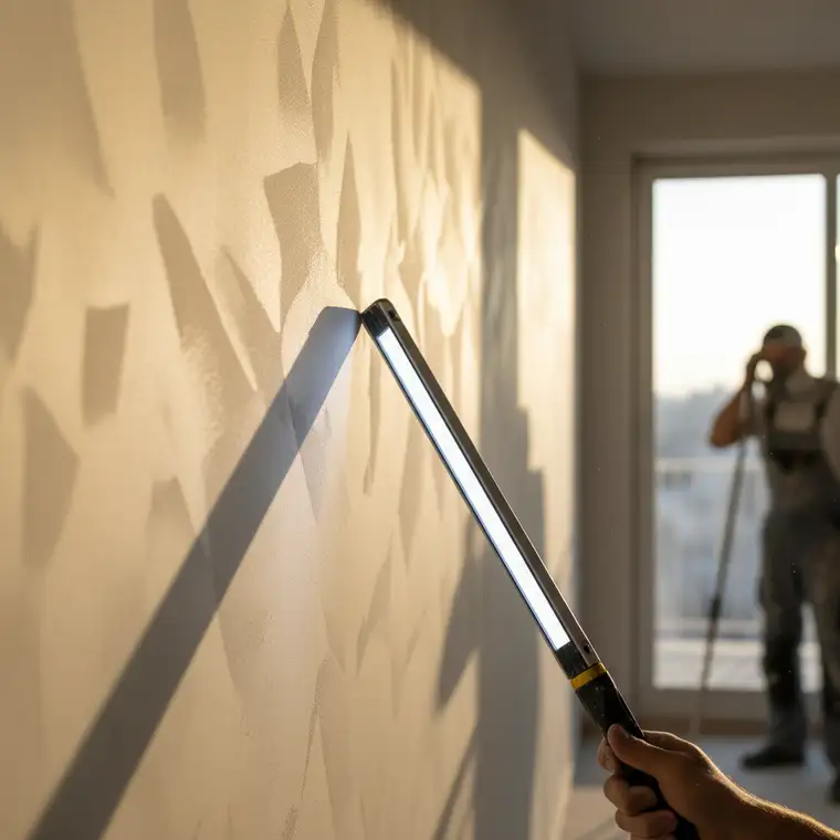 Specjalista szlifuje ścianę w salonie lampą inspekcyjną, kontrolując fale i nierówności widoczne przy bocznym świetle z okna balkonowego