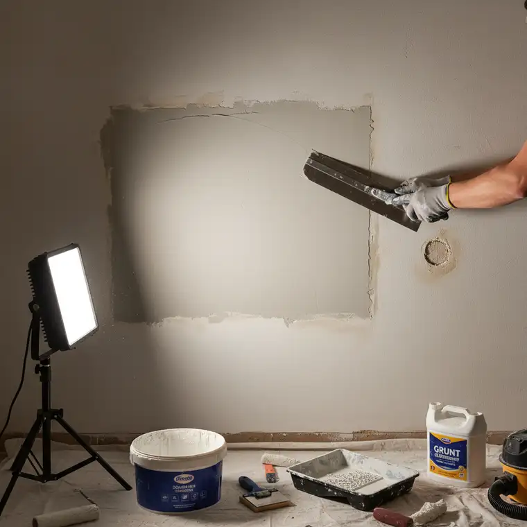 Szlifowanie miejscowo wyrównanej ściany żyrafą, pokazujące jak wyrównać fakturę przed malowaniem i uniknąć odcinających się plam po naprawie