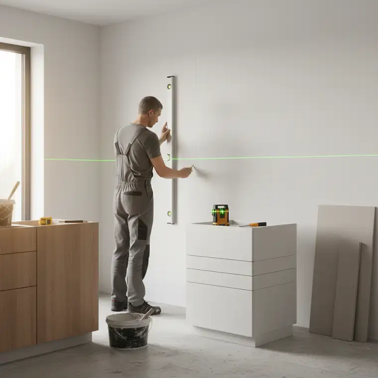 Montaż szafek wiszących na wyrównanej ścianie w kuchni, pokazujący brak szczelin i precyzyjne dopasowanie zabudowy do powierzchni