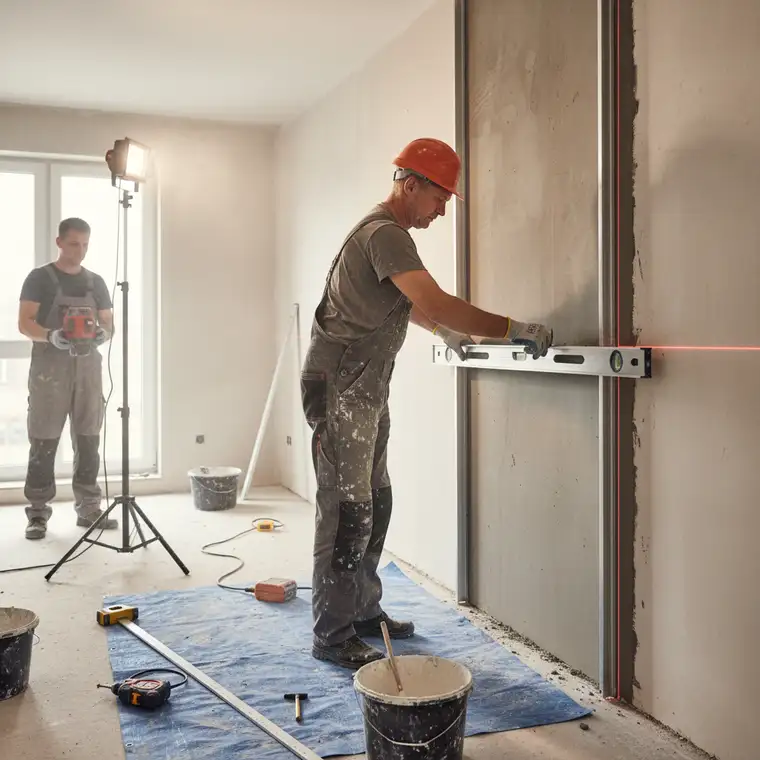 Długa łata tynkarska oparta na dwóch listwach prowadzących na ścianie 5 m, kontrola płaszczyzny i grubości wyrównania