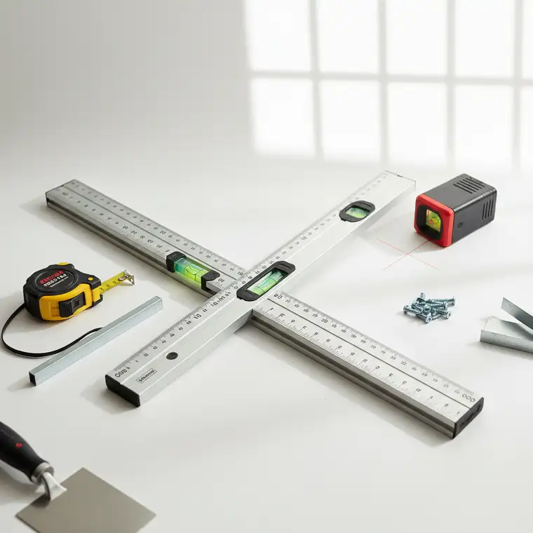 Ściana 5 m w trakcie remontu, poziomica i listwy prowadzące użyte do wyrównywania ściany, aby nie wyjechać z grubością tynku