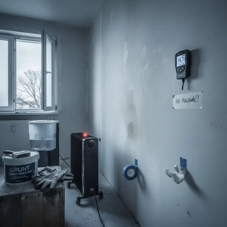Osuszacz i wentylator w zimnym mieszkaniu, przyspieszanie schnięcia grubej gładzi przed malowaniem ścian bez ryzyka pęknięć