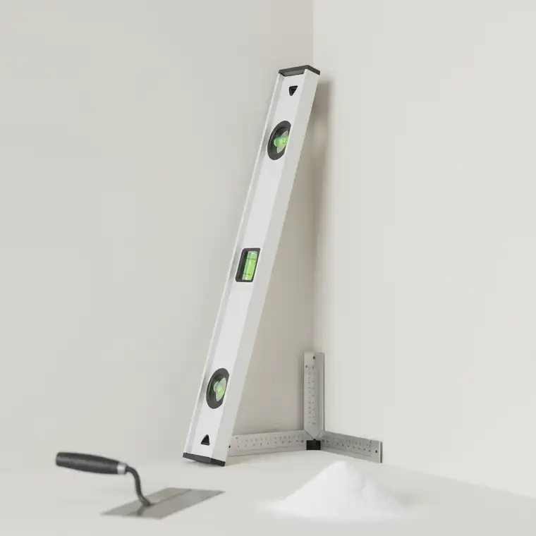 Równy pokój z idealnie gładkimi ścianami sąsiadujący z krzywym przedpokojem, kontrast pokazuje problem wyrównania ścian w jednym pokoju