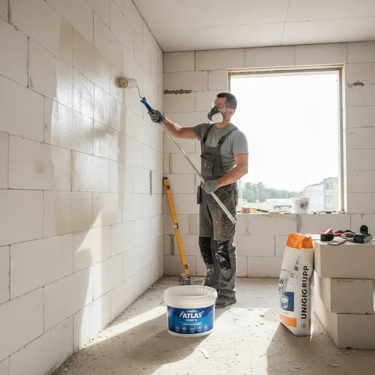 Nakładanie gruntu wałkiem na ścianę z gazobetonu przed tynkiem gipsowym, równomierna warstwa poprawia przyczepność i ogranicza chłonność