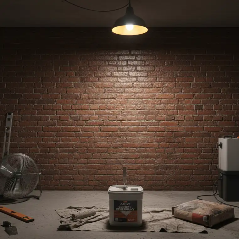 Przygotowanie ściany z cegły w wilgotnej piwnicy po gruntowaniu, widoczna poprawa podłoża przed tynkowaniem