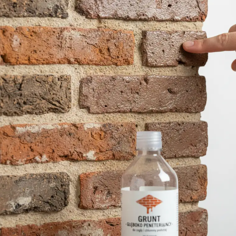 Ściana z cegły w piwnicy z nałożonym gruntem głęboko penetrującym, przygotowana do tynkowania w optymalnych warunkach schnięcia