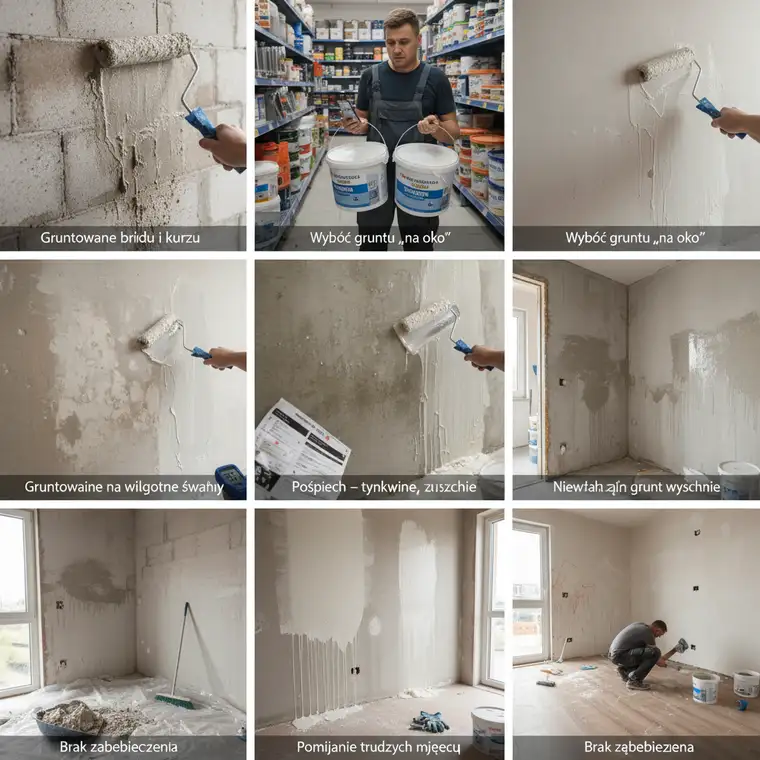 Przykład prawidłowo zagruntowanej ściany pod tynk w mieszkaniu deweloperskim, z widocznym równomiernym pokryciem powierzchni