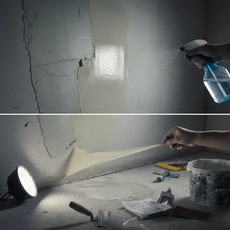 Ręczne szlifowanie przegruntowanej ściany papierem ściernym w celu zmatowienia warstwy gruntu i poprawy przyczepności tynku gipsowego