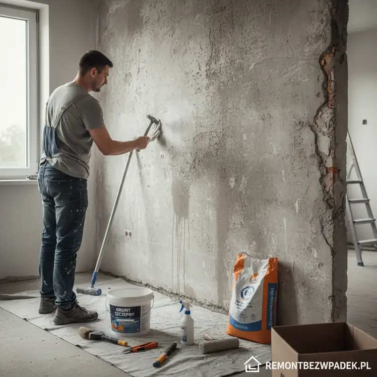 Zbliżenie na szorstką powierzchnię starego tynku cementowego, idealnie przygotowaną pod tynk gipsowy bez konieczności użycia gruntu szczepnego