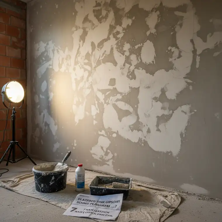 Murarz nakłada tynk gipsowy na zagruntowaną ścianę, kontrolując równomierną grubość warstwy i warunki schnięcia tynku gipsowego
