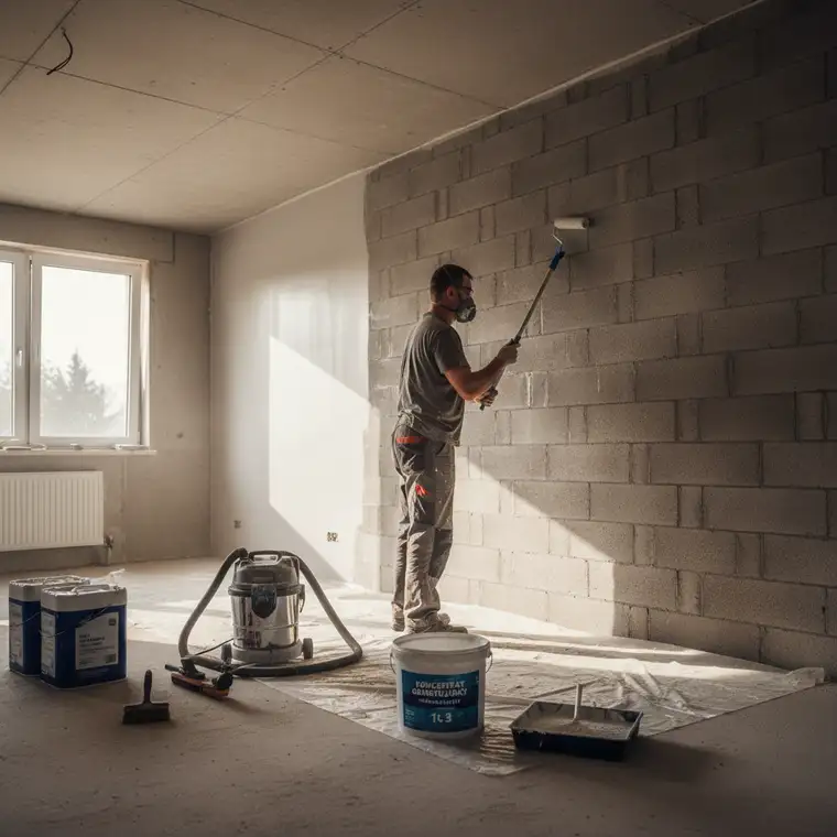 Zbliżenie na ścianę z betonu komórkowego podczas gruntowania przed tynkiem gipsowym, pokazujące równomierne pokrycie i ekonomiczne zużycie gruntu