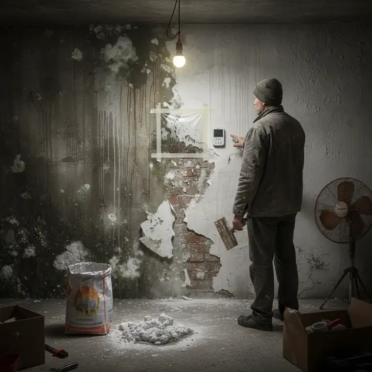 Nieogrzewany garaż z zawilgoconymi ścianami, odspojonym tynkiem gipsowym i widoczną pleśnią jako skutek tynkowania w listopadzie