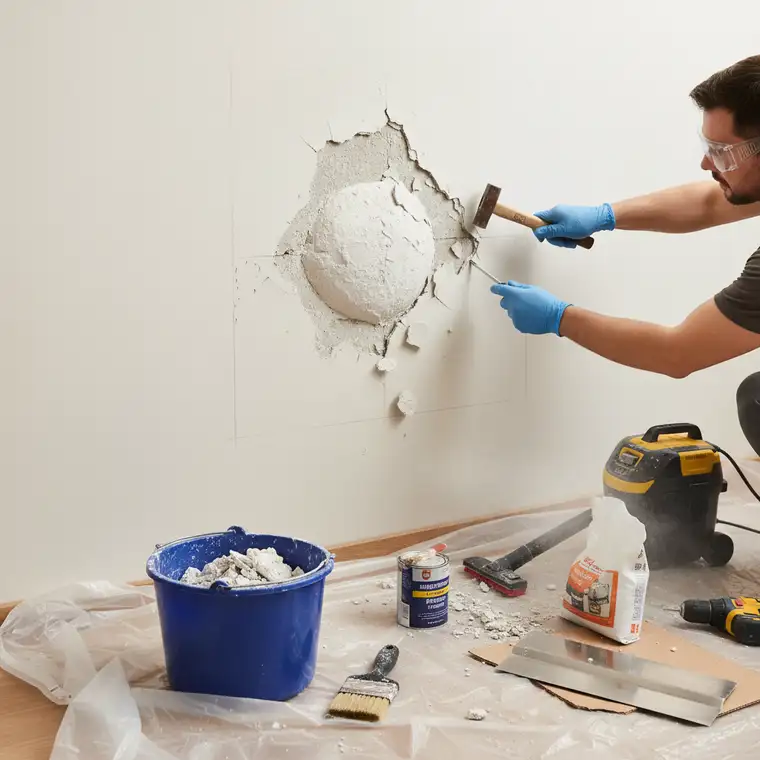 Naprawa tynku gipsowego na ścianie, wypełnianie ubytku około 1 m² nową masą gipsową przed szlifowaniem i malowaniem