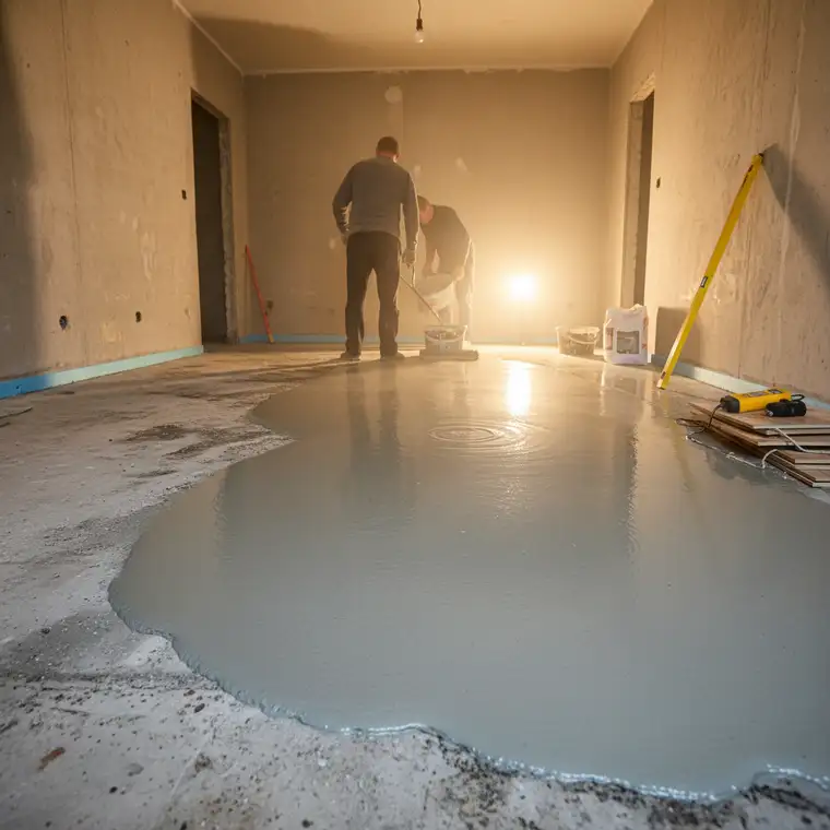 Proces wylewania cienkowarstwowej wylewki samopoziomującej w mieszkaniu z wielkiej płyty przed montażem paneli podłogowych