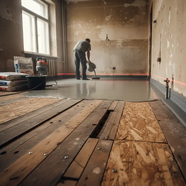 Wzmocniona podłoga z płyt OSB z przygotowaną elastyczną wylewką samopoziomującą na drewniany strop w starym mieszkaniu