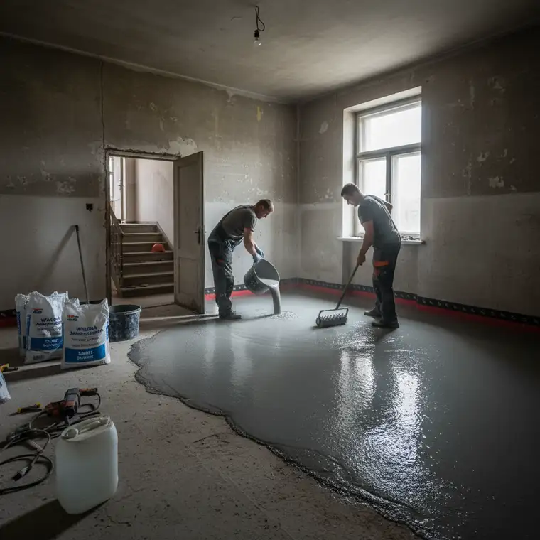Przygotowana powierzchnia pod wylewkę samopoziomującą w pokoju 18 m², z taśmą dylatacyjną przy ścianach na trzecim piętrze bez windy