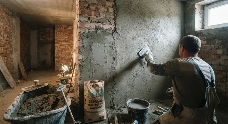 Tynk cementowo-wapienny w garażu i piwnicy, mineralna wyprawa odporna na wilgoć, nakładana na mury ceglane przed wykończeniem
